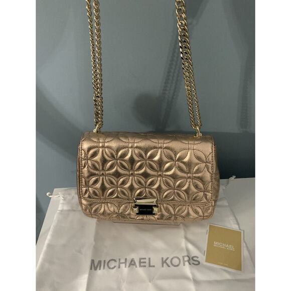 New Michael Kors Sloan Gold Chain Quilted Leather Shoulder Bag Rose Gold Shiny - Picture 15 of 16